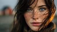 Young woman with freckles and blue eyes looking at camera with windswept brown hair during golden hour sunset light creating warm atmospheric portrait.