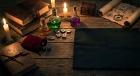 Mystical alchemy laboratory with ancient books, colorful potions, burning candles and magical scrolls on wooden table for fantasy gaming and occult studies.