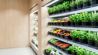 Modern indoor vertical farming system with fresh leafy greens and vegetables growing on illuminated shelves in sustainable agriculture facility.