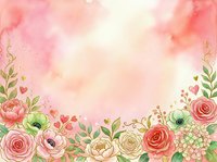 Watercolor floral border with roses, peonies, and greenery on soft pink and cream background. Isolated design element for invitations, cards, and decorative projects.
