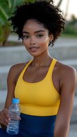 Young African American woman in yellow sports top and navy leggings holding water bottle after workout, with natural curly hair and glowing skin outdoors at sunset.