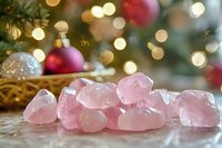 Raw rose quartz crystals scattered on surface with festive Christmas tree and ornaments blurred in background creating magical holiday atmosphere with soft bokeh lights.