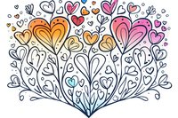 Romantic heart doodle pattern with colorful pink and orange hearts growing like flowers, surrounded by small heart shapes and swirls on white background.