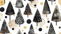 Seamless winter pattern with black watercolor Christmas trees, gold and black dots on white background. Modern festive design for wrapping paper and textiles.