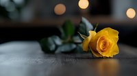 Single yellow rose lying on wooden surface with soft bokeh lights in dark moody background, romantic atmosphere for valentines day or anniversary celebration.