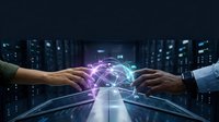 Business hands connecting with glowing digital network sphere representing global technology collaboration and data exchange in modern cityscape.