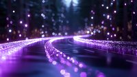 Purple neon lights create flowing digital pathways with glowing particles and bokeh effects against dark background for futuristic technology concepts.