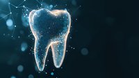 Glowing tooth with digital network connections on dark background showcases modern dental technology and oral healthcare innovation in futuristic style.