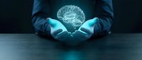 Professional in dark suit holding glowing digital brain hologram in cupped hands representing artificial intelligence, innovation and mental health concepts.