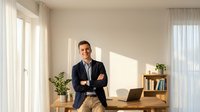 Young professional businessman with crossed arms standing confidently in modern home office workspace with natural lighting and plants.