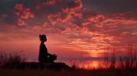 Silhouette of woman meditating in lotus pose against dramatic orange sunset sky with clouds. Peaceful mindfulness and yoga practice in nature at golden hour.