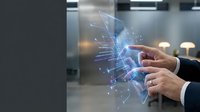 Businessman hands touching holographic digital interface with data visualization and network connections in modern office environment.