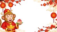 Cheerful cartoon monkey in traditional red outfit holding peach with Chinese New Year decorations, lanterns and plum blossoms on white background.
