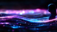 Silhouette of woman against magical glowing waves of purple and blue light with sparkling particles and bokeh effects creating dreamy atmospheric scene.