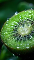Macro shot of water droplets on green kiwi fruit slice creating crystal-like reflections and refractions with natural bokeh effect in dark background.