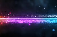 Abstract glowing neon horizon line with pink and blue light particles reflecting on dark surface, creating magical cosmic atmosphere with bokeh effect.