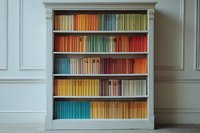 White wooden bookshelf with color-coordinated books arranged in rainbow spectrum order against classic wall paneling, creating organized visual display.