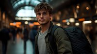 Young Caucasian man with curly hair and backpack standing in busy train station or airport terminal with blurred crowd and warm lighting in background.
