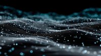 Abstract digital network with flowing particles and glowing dots on dark background for technology presentations and futuristic design concepts.