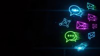 Neon glowing communication icons including chat bubbles, email envelopes and network symbols on dark background for digital marketing and social media designs.
