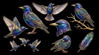 Iridescent starling birds clipart set isolated on transparent background, featuring multiple poses, a feather, and branch perch, for stickers, t-shirt design, and print on demand.