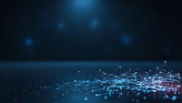 Abstract digital network with glowing blue particles and connecting lines on dark background for technology and data visualization concepts.