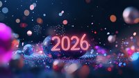 Glowing neon 2026 number with pink and blue spheres floating in dark space, sparkles and bokeh effects create festive new year atmosphere.