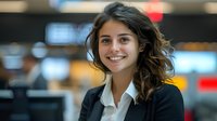 Young Hispanic businesswoman with wavy brown hair wearing black blazer and white shirt smiling confidently in modern office environment with blurred background.