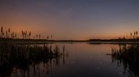 Tranquil lake at sunset with reeds silhouettes reflecting in calm water. Peaceful evening landscape with purple and orange sky for nature backgrounds.