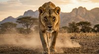 Majestic male lion walking forward on dusty savanna ground with acacia trees and dramatic mountain landscape at golden hour sunset in African wilderness.