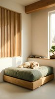 White dog sleeping on a sage green cushion atop a wooden platform bed in a minimalist sunlit room with bonsai and stone decor.