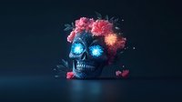 Dark skull with glowing blue eyes adorned with pink carnation flowers and leaves on black background, mystical atmosphere with ethereal lighting effects and reflective surface.