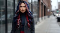 Young woman with long purple and pink ombre hair wearing black blazer standing on urban street with blurred city background and buildings.