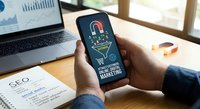 Digital marketing magnet attracting customers on smartphone screen. Business person analyzing SEO strategy with laptop and charts on wooden desk for online success.
