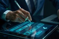 Businessman using digital tablet with glowing blue interface and stylus pen in dark office setting, modern technology concept for corporate presentations.