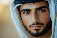 Close up portrait of young Middle Eastern man wearing traditional white headscarf and black agal, with well-groomed beard and intense gaze looking at camera.