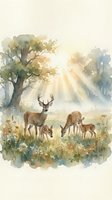 Watercolor deer family grazing in sunlit forest meadow with golden light rays streaming through trees creating peaceful wildlife scene for nature decor.