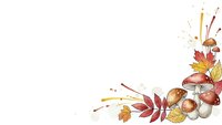 Autumn corner decoration with colorful fall leaves, acorns and mushrooms on white background for seasonal design projects.