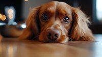Adorable cocker spaniel puppy with soulful eyes lying on wooden floor, soft bokeh lights in background creating cozy atmosphere. Perfect for pet care concepts.