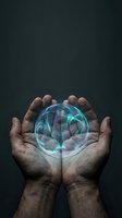 Male hands cupping glowing energy sphere with swirling blue and green light effects against dark background for spiritual and mystical concepts.