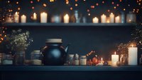 Atmospheric herbal tea setup with black teapot, glass jars of dried herbs, and glowing candles creating cozy ambiance for wellness ritual.