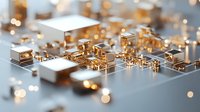 Futuristic metallic circuit board with golden and silver elements creating abstract technological pattern with bokeh light effects in macro view.