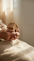 Elderly hands gently holding small wooden house model symbolizing home protection, real estate investment, mortgage security and property care concept.