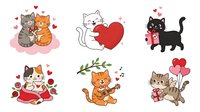 Cute cats with hearts and love symbols, isolated on white background, ready for Valentine's Day designs, greeting cards, t-shirts, stickers, and children's illustrations.