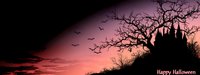 Spooky silhouette of haunted castle on hill with bare twisted trees against dramatic red sunset sky and flying bats. Halloween panoramic background.