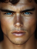 Close-up portrait of a young man with striking blue eyes, freckled skin, and defined facial features against dark background.