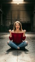 Excited young Caucasian woman in red off-shoulder top celebrating success with raised fists while sitting cross-legged in urban warehouse setting.