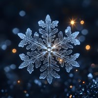 Macro photograph of natural snowflake crystal with intricate symmetrical pattern against dark background with golden bokeh lights creating magical winter atmosphere.