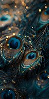 Magical peacock feathers with golden bokeh lights and glitter sparkles on dark background create luxurious mystical atmosphere for festive designs.
