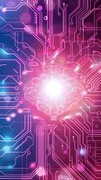 Digital brain with circuit board patterns on gradient blue and pink background, representing artificial intelligence technology.